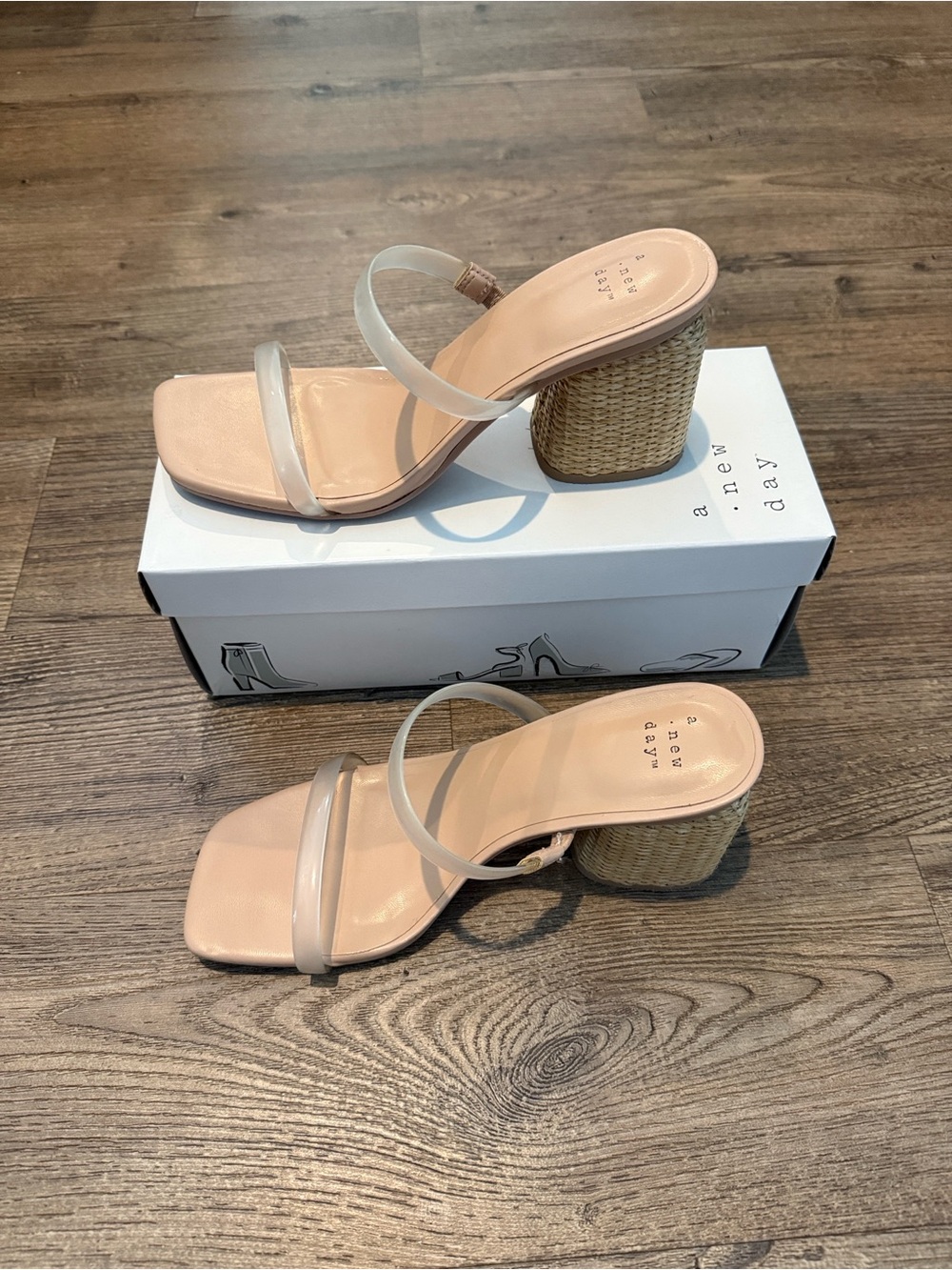 A New Day Clear Strap Nude/Raffia Block Heel Sandals - - Picture 3 of 5